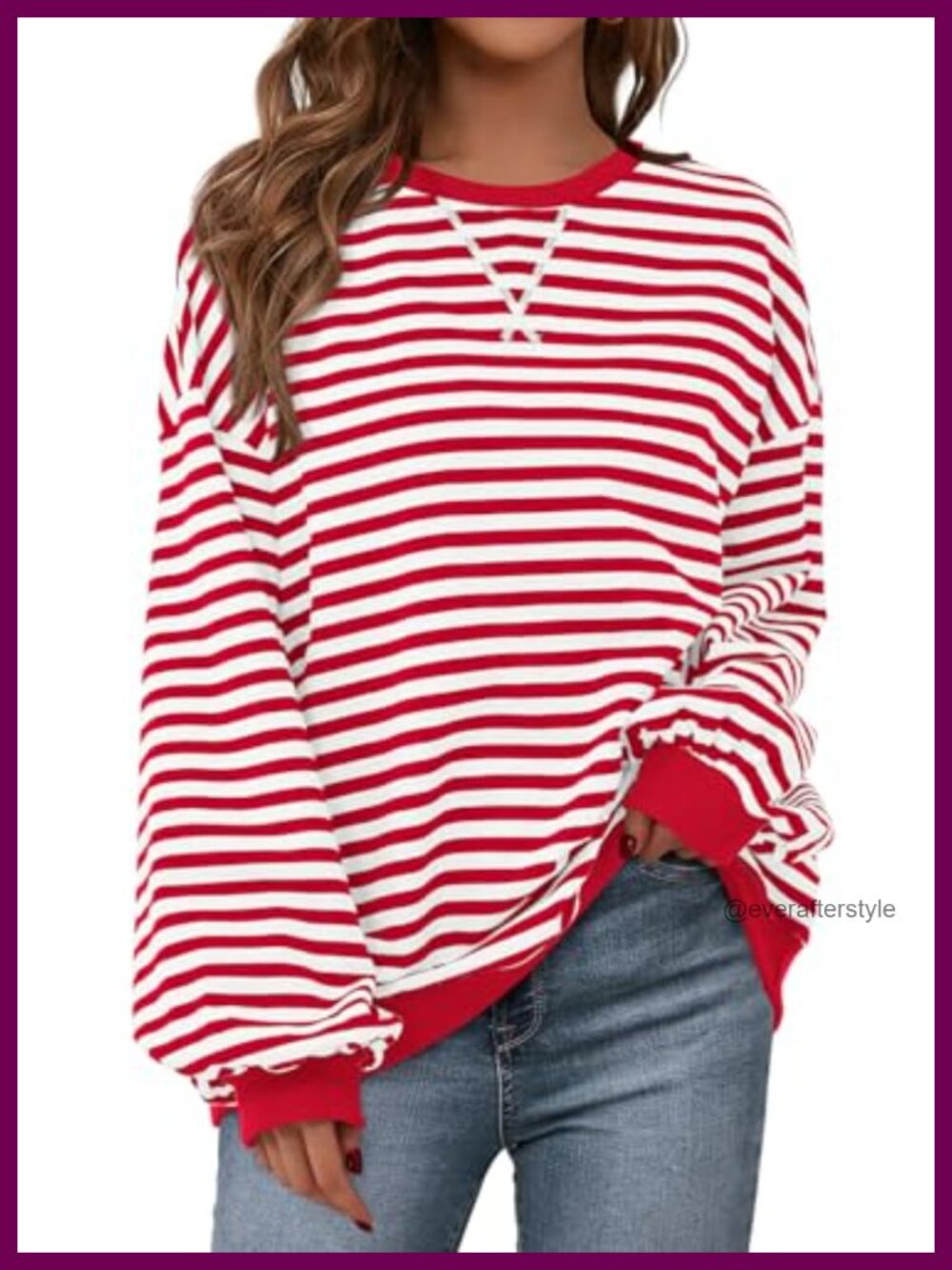 Oversized Striped Sweatshirt Womens Cotton Blend Crewneck Loose Fit Pullover